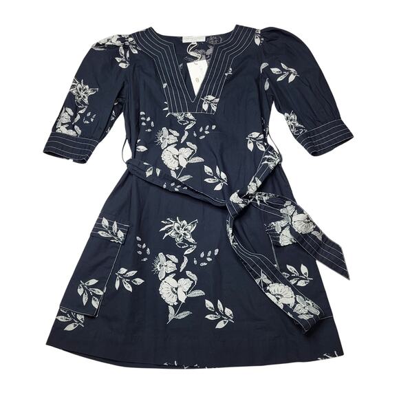 Caroline Constas Dresses & Skirts - Caroline Constas Puff Sleeve V Neck Floral Dress Black White Tie Waist Small